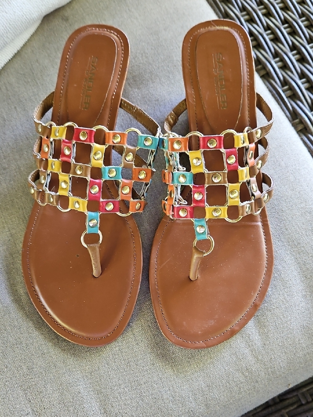 Sandler Brown Leather Multicolor Woven T-Strap Sandals 7 1/2